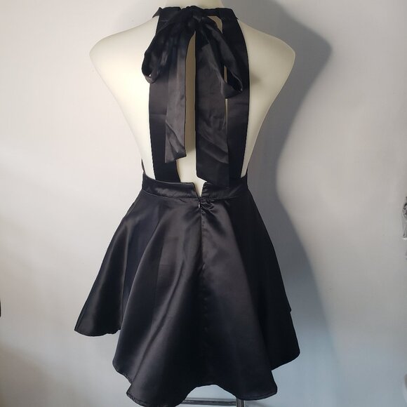 Shiny Black Satin Commense Flare Skirt Dress w Apron Front + Neck Ribbon - Picture 2 of 16